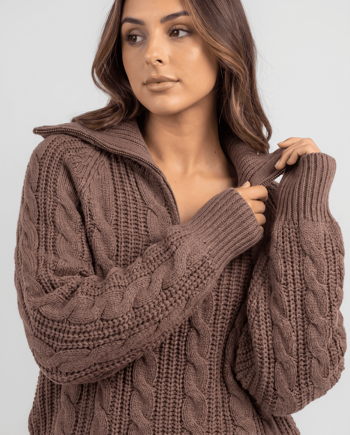 Chunky Cable Knit Sweater – Stand Collar & Half-Zip | Hanah