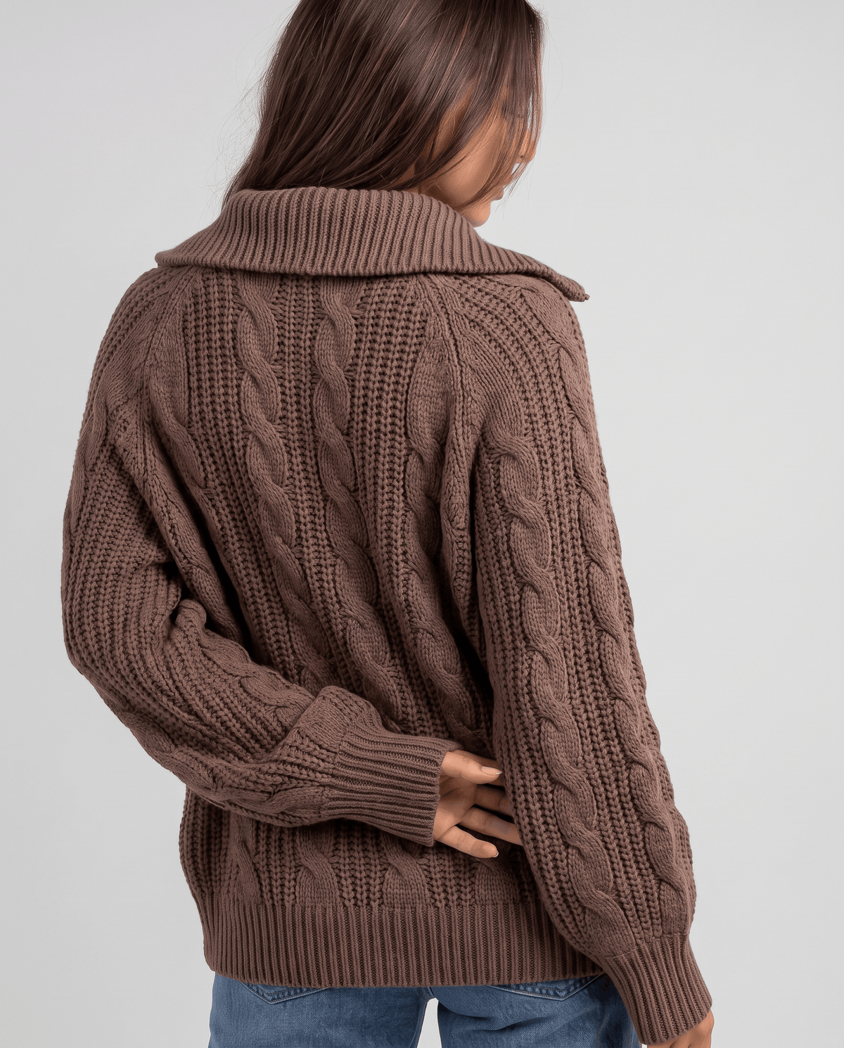 Chunky Cable Knit Sweater – Stand Collar & Half-Zip | Hanah