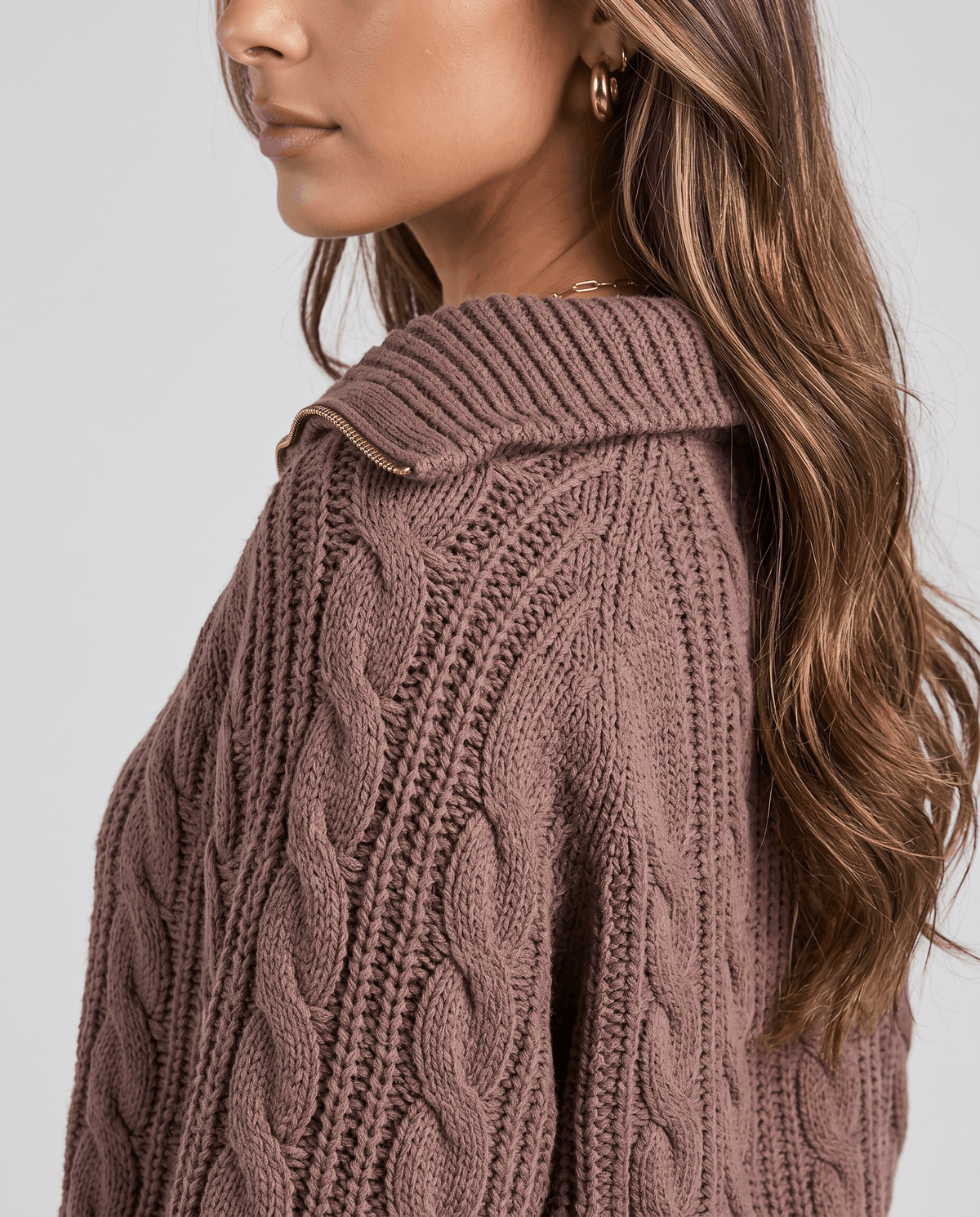Chunky Cable Knit Sweater – Stand Collar & Half-Zip | Hanah