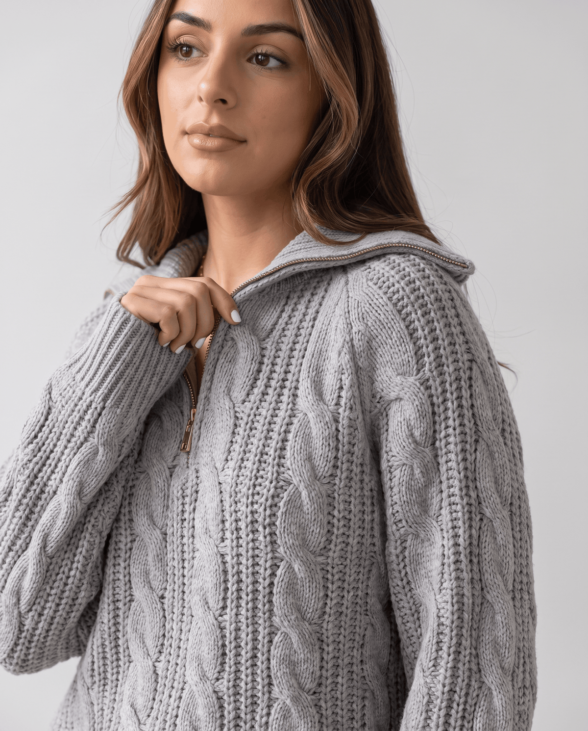 Chunky Cable Knit Sweater – Stand Collar & Half-Zip | Hanah