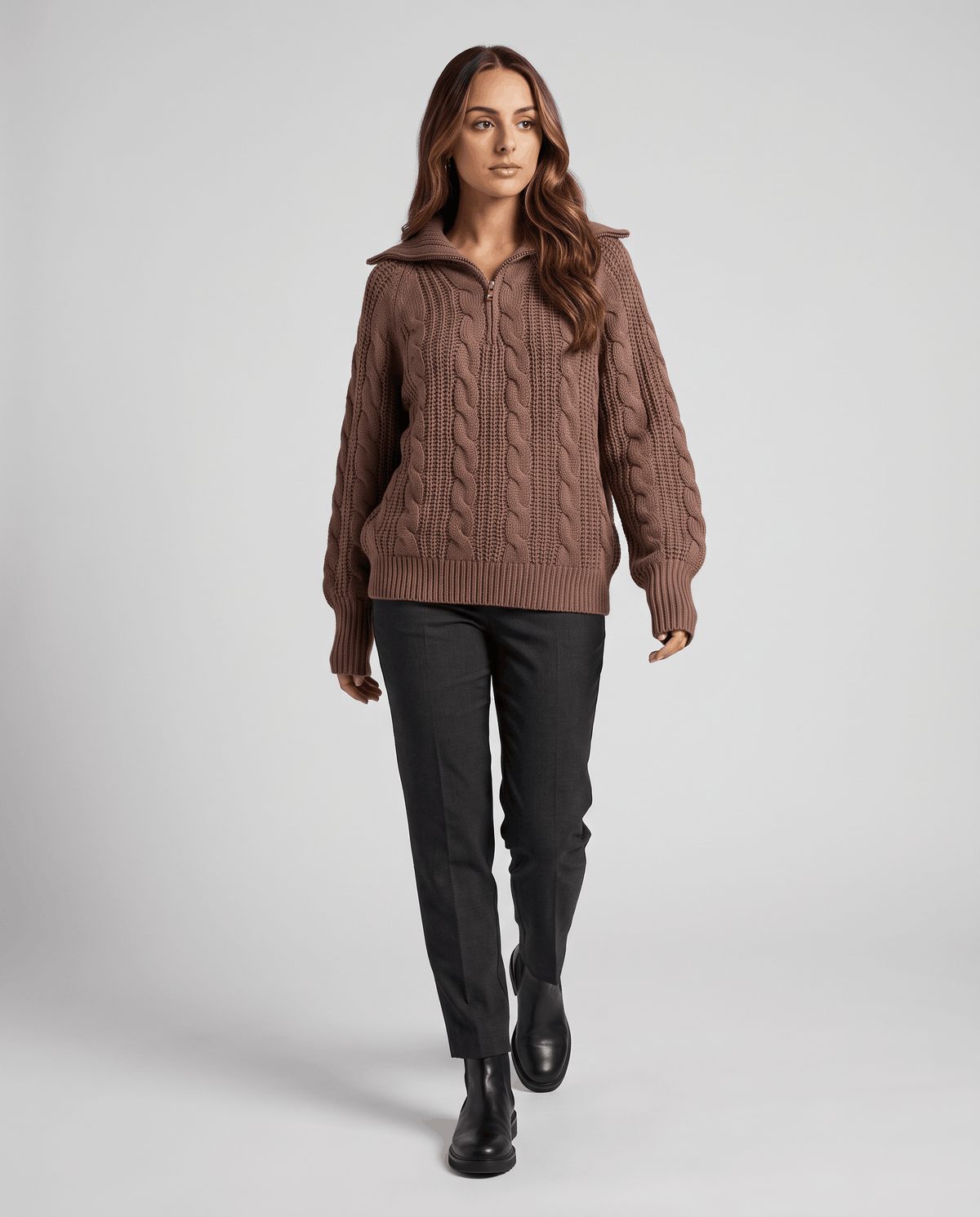 Chunky Cable Knit Sweater – Stand Collar & Half-Zip | Hanah