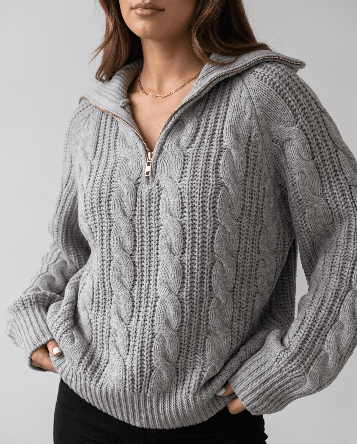 Chunky Cable Knit Sweater – Stand Collar & Half-Zip | Hanah