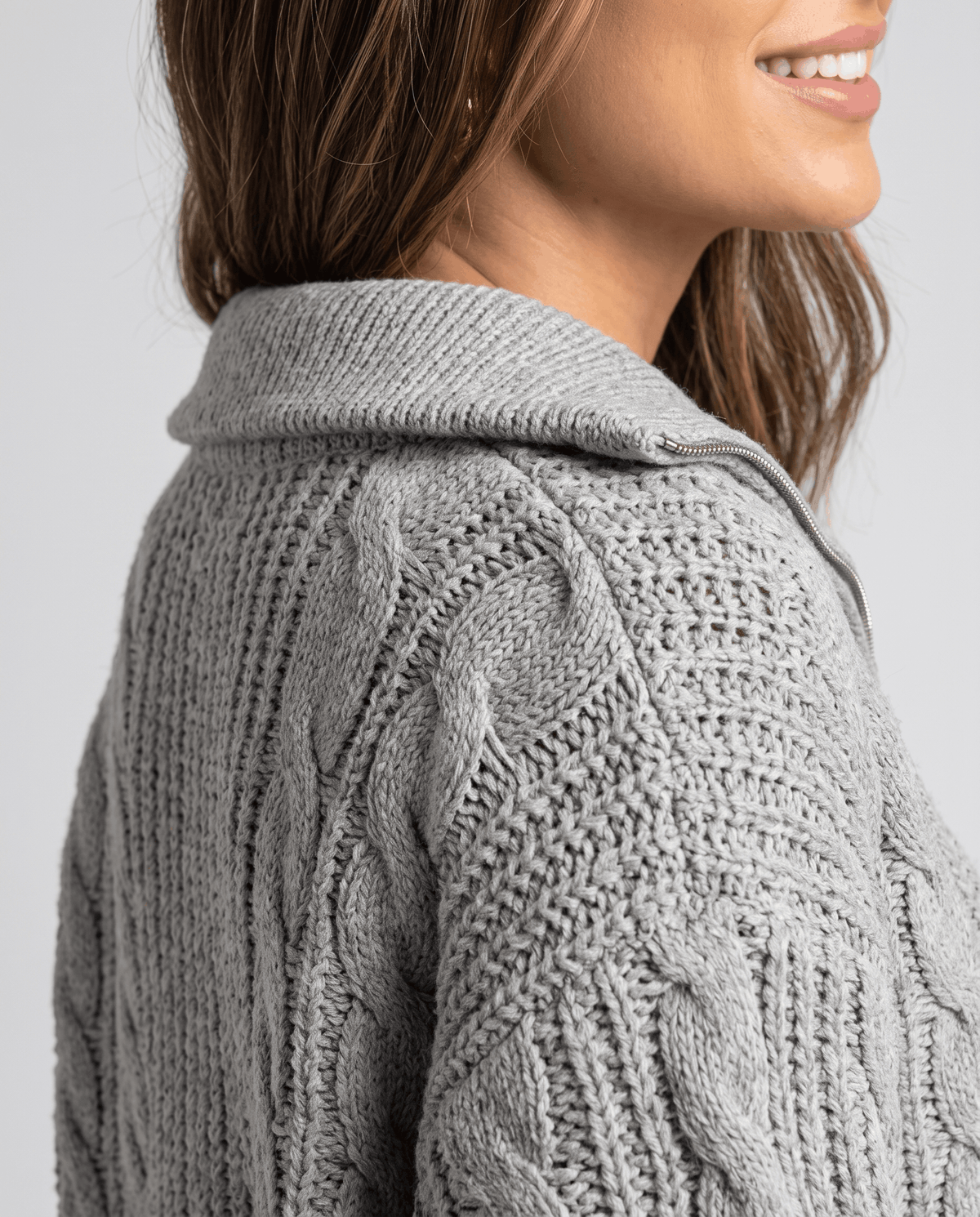 Chunky Cable Knit Sweater – Stand Collar & Half-Zip | Hanah