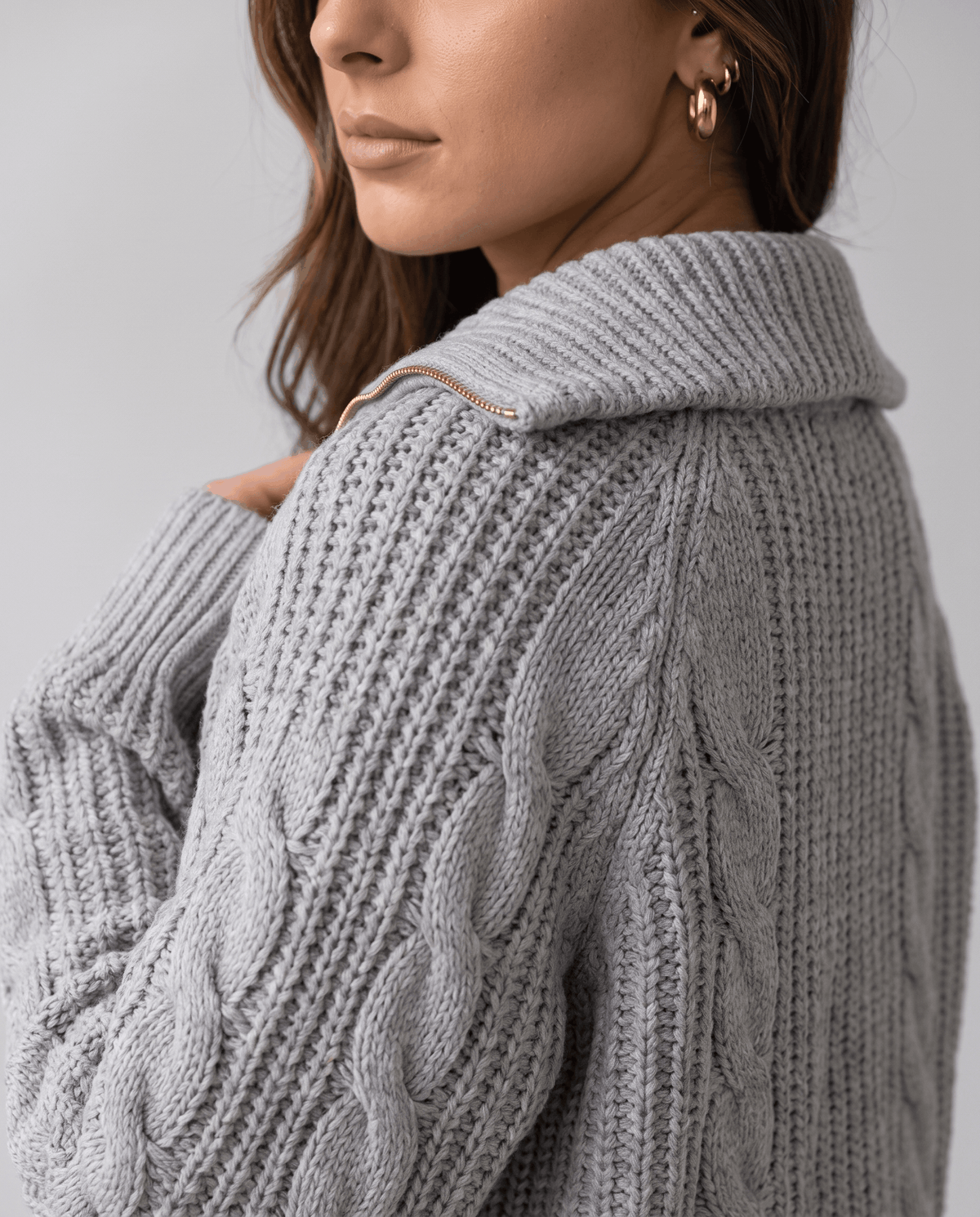 Chunky Cable Knit Sweater – Stand Collar & Half-Zip | Hanah