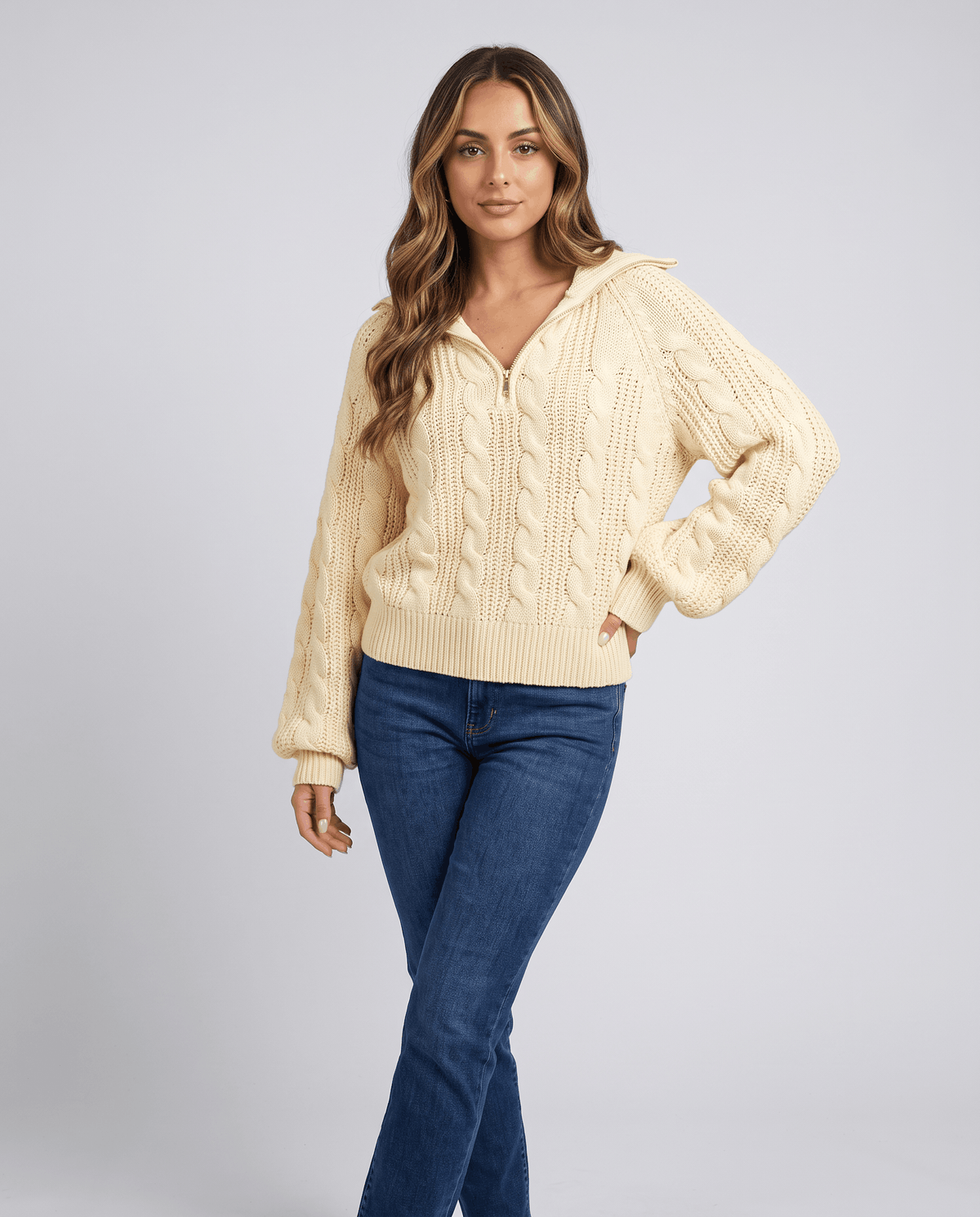 Chunky Cable Knit Sweater – Stand Collar & Half-Zip | Hanah