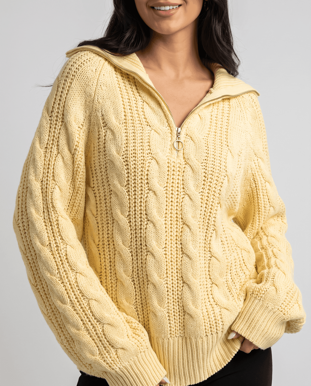 Chunky Cable Knit Sweater – Stand Collar & Half-Zip | Hanah