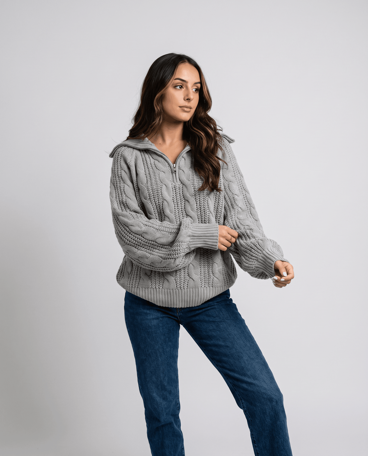 Chunky Cable Knit Sweater – Stand Collar & Half-Zip | Hanah