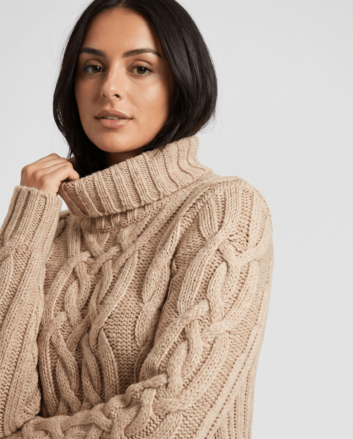 Chunky Cable Knit Sweater – Turtleneck & Ribbed Trim | Freda