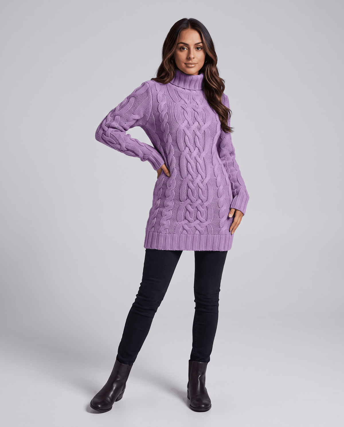 Chunky Cable Knit Sweater – Turtleneck & Ribbed Trim | Freda
