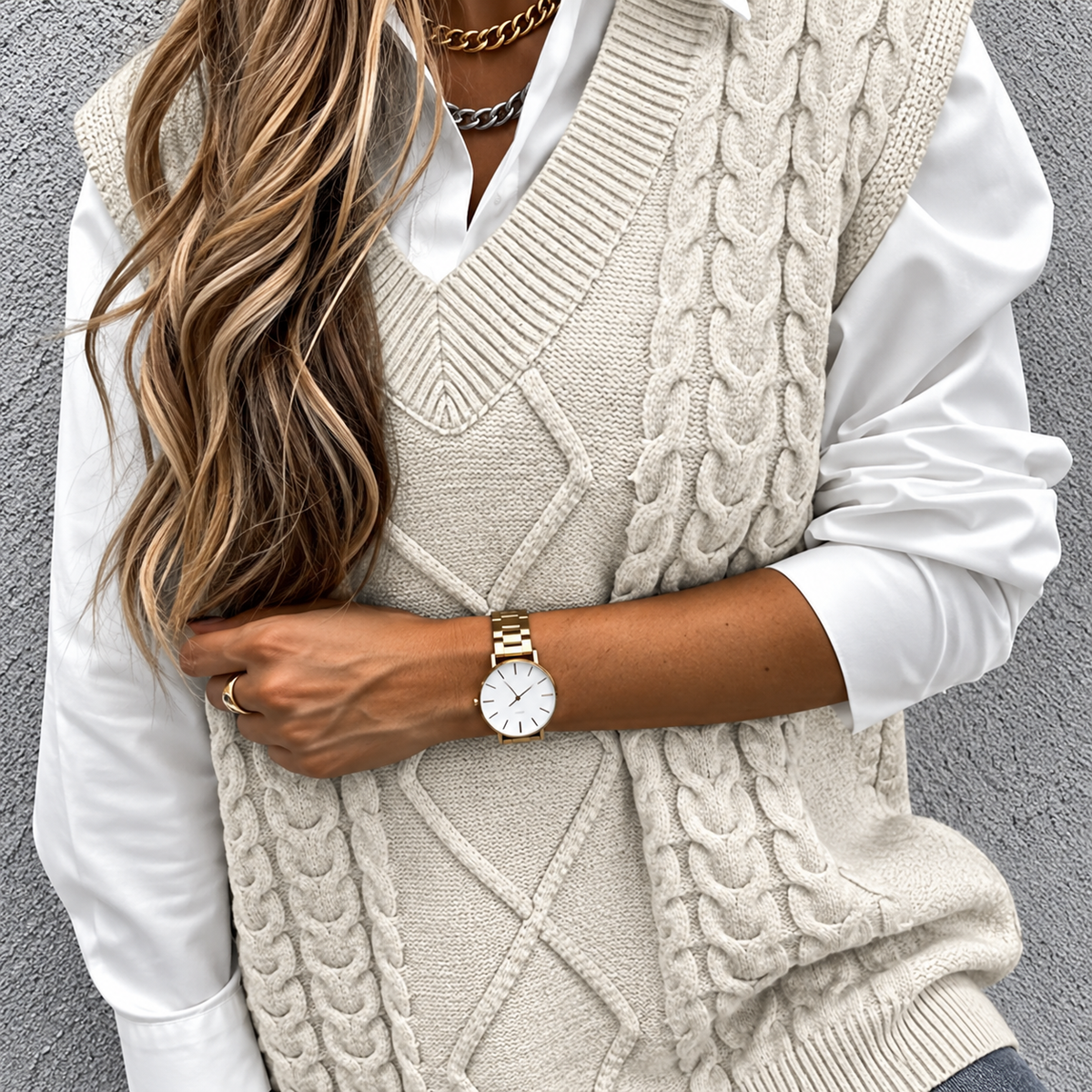 Cadence Chunky Cable V-Neck Vest