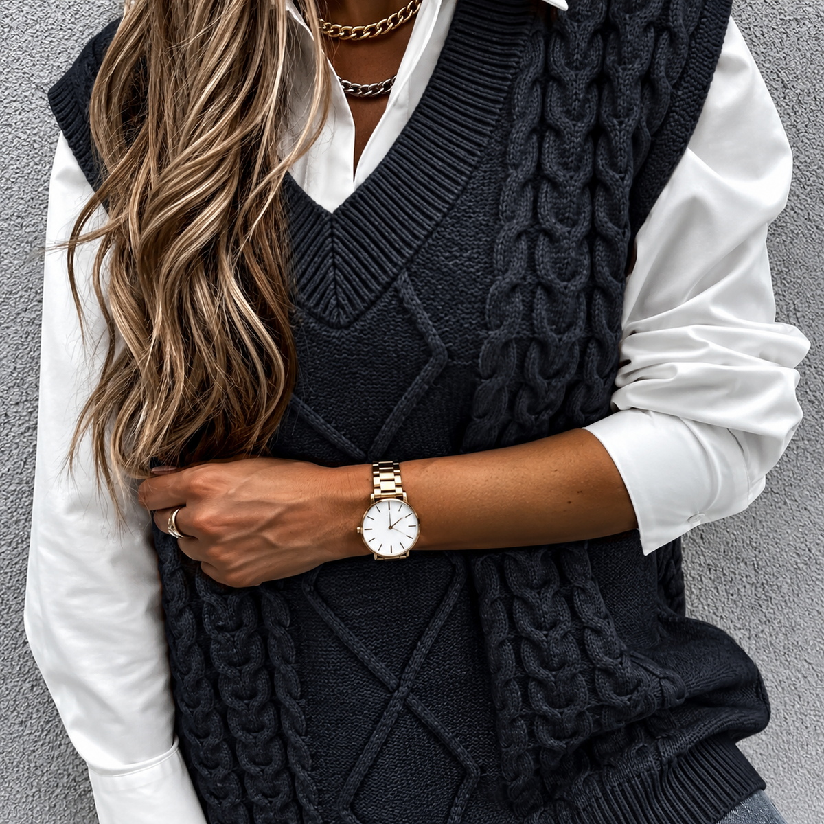 Cadence Chunky Cable V-Neck Vest