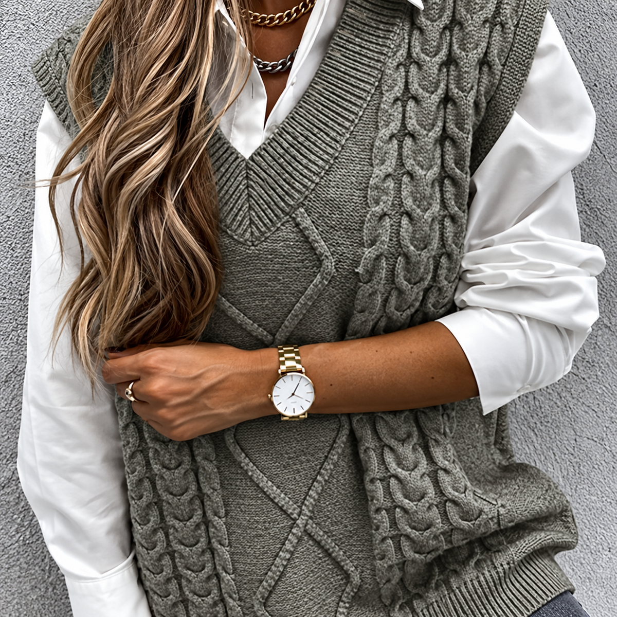Cadence Chunky Cable V-Neck Vest