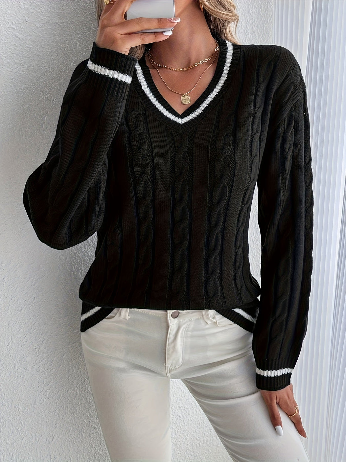 Lorna-Rose Varsity Stripe Cable Sweater