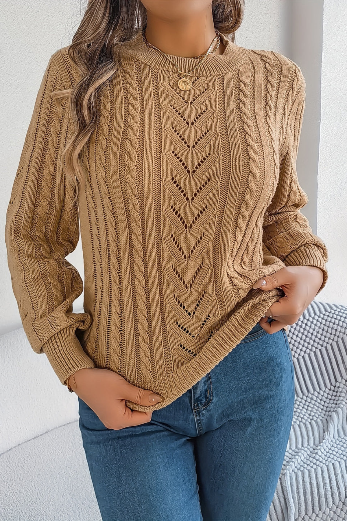June Chevron Cable Crewneck Sweater