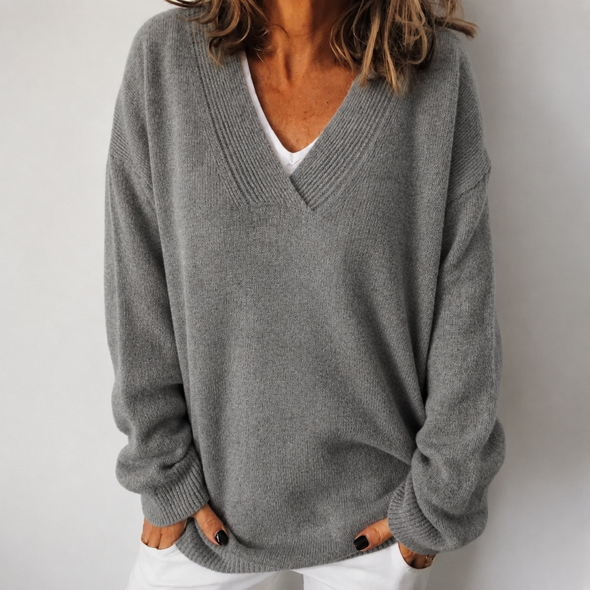 Tess-Sage Relaxed Deep V Sweater