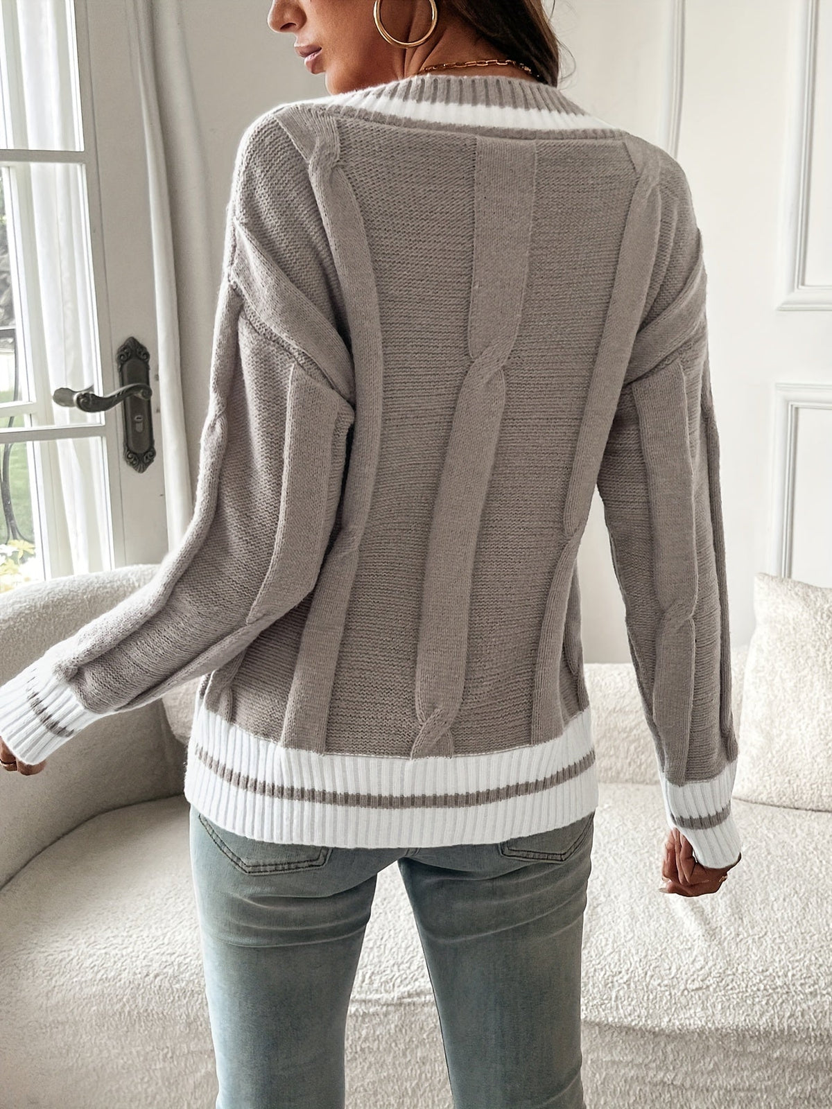Laurel-June Stripe Trim Cable V-Neck Sweater
