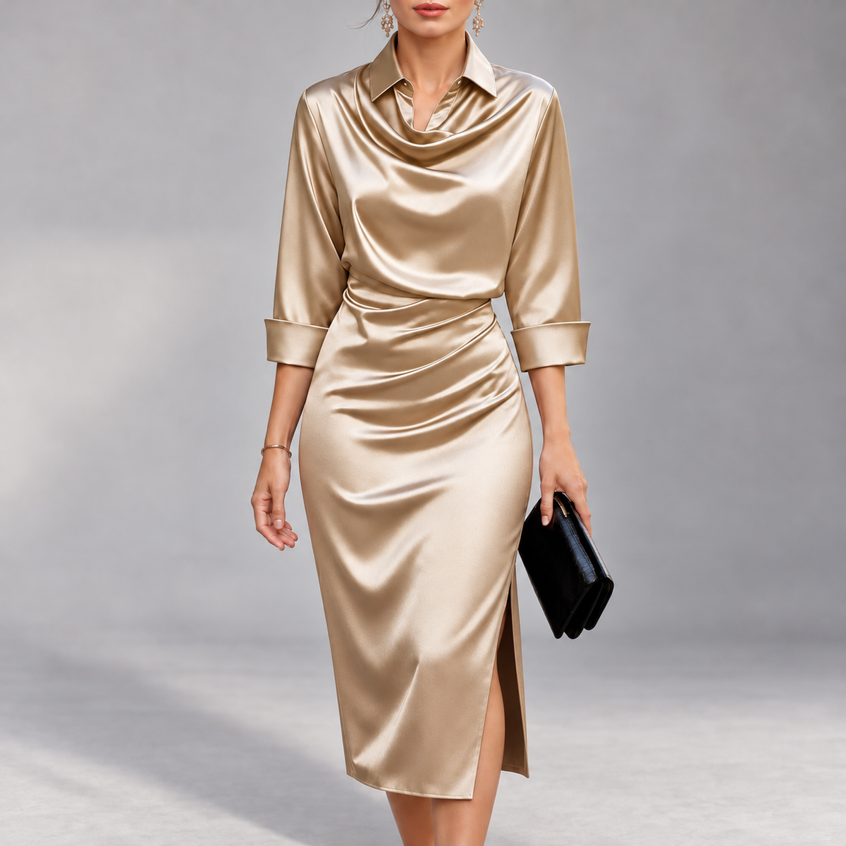 Criza - Women's Satin Cowl Neck Ruched Dress