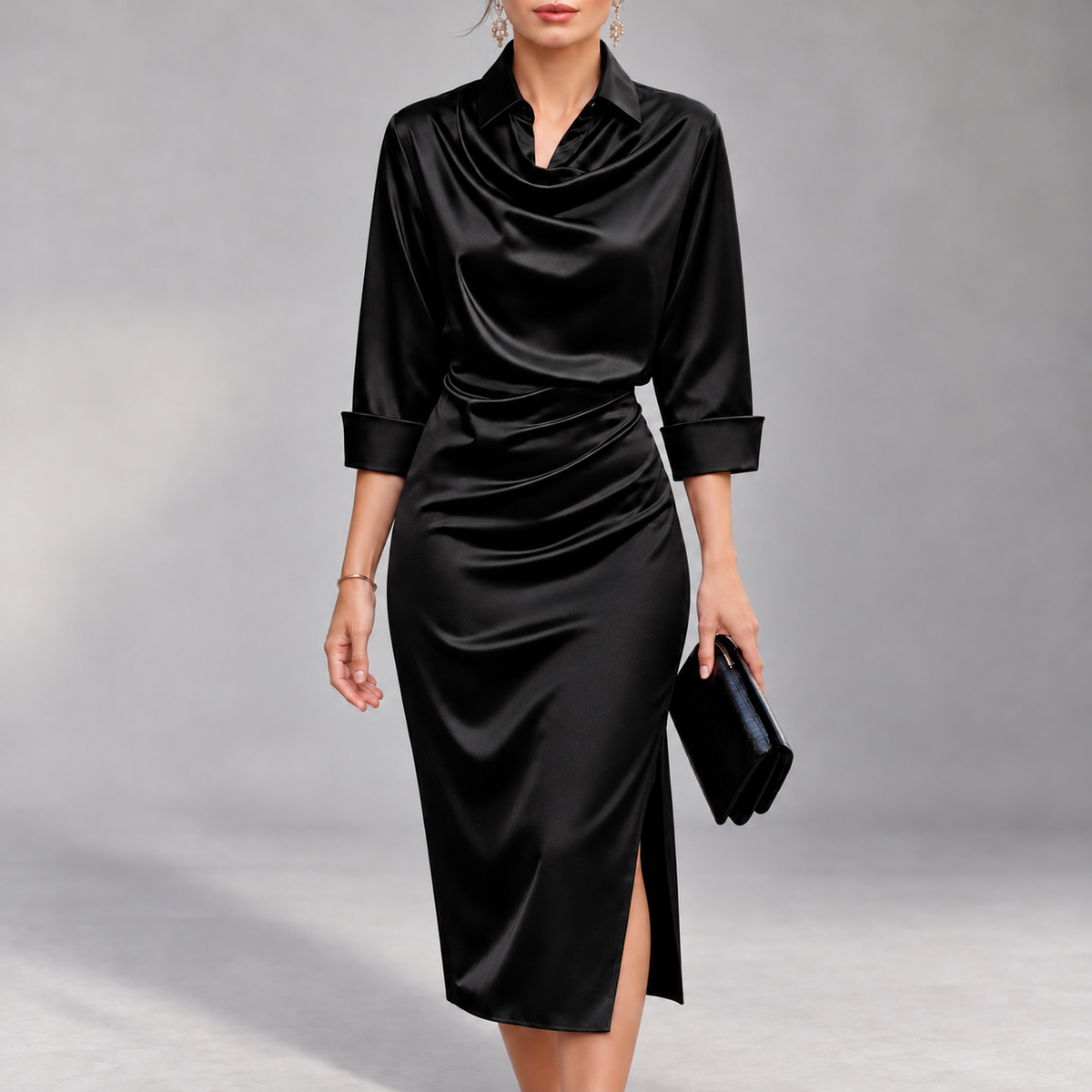 Criza - Women's Satin Cowl Neck Ruched Dress