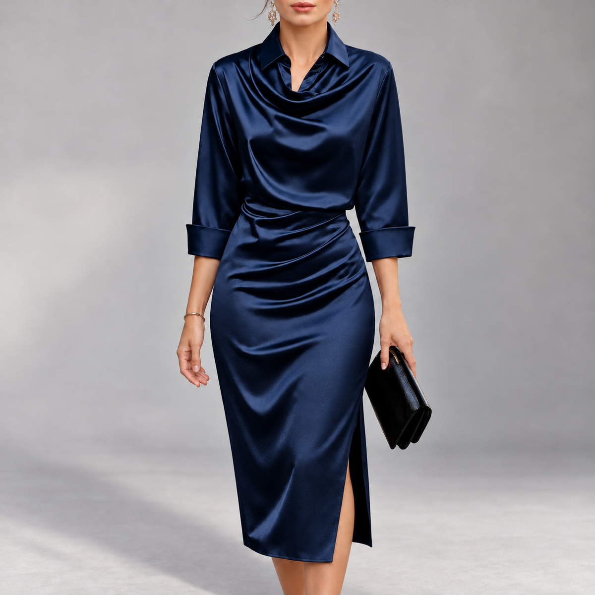 Criza - Women's Satin Cowl Neck Ruched Dress