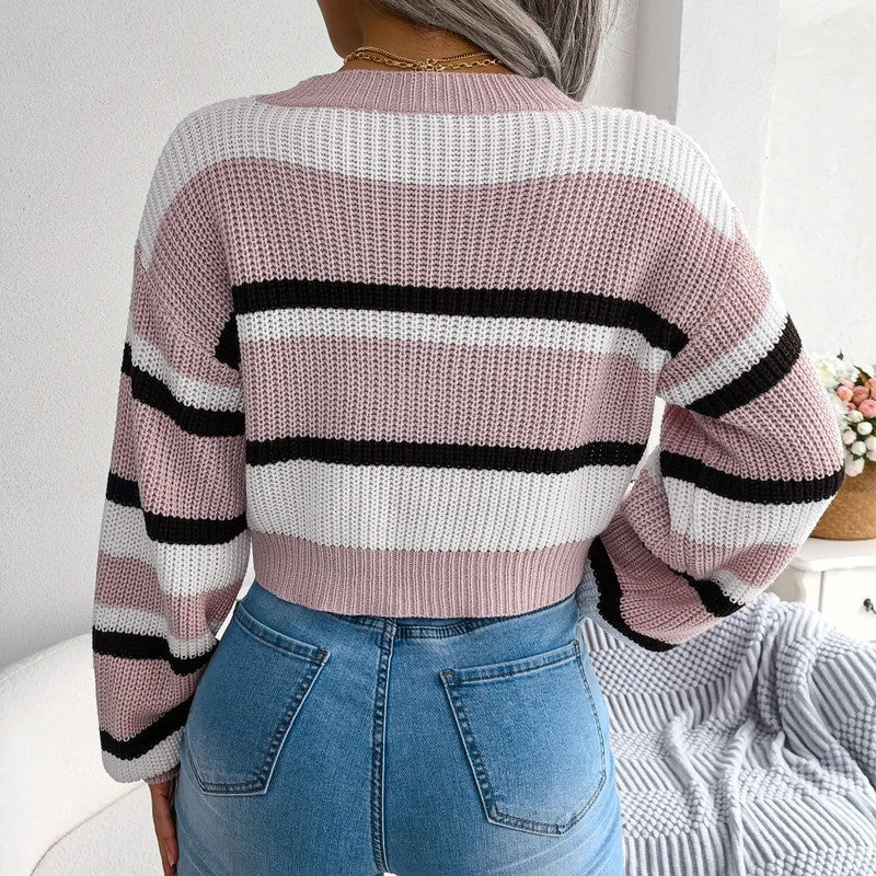 Honor-Belle Cropped Stripe Waffle Sweater