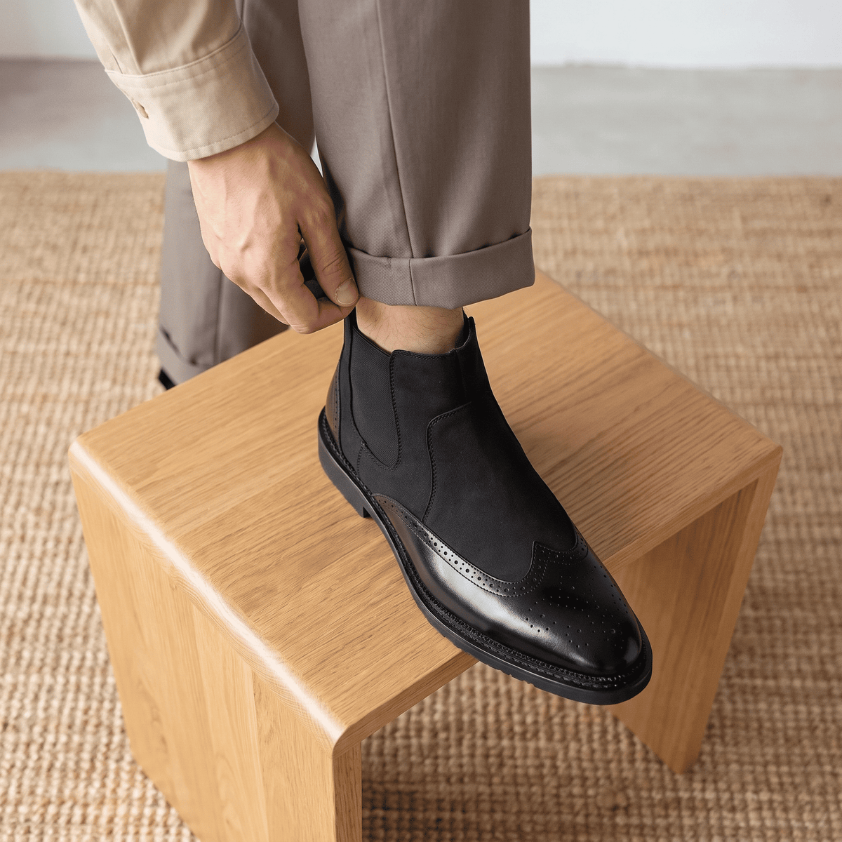 Cyrus Wingtip Brogue Chelsea Boots – Leather And Suede Slip-On With Pointed Toe, Stitched Welt Sole