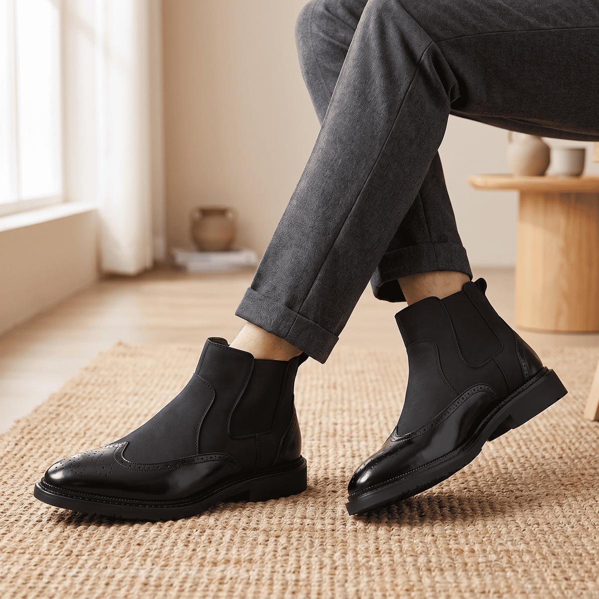 Cyrus Wingtip Brogue Chelsea Boots – Leather And Suede Slip-On With Pointed Toe, Stitched Welt Sole