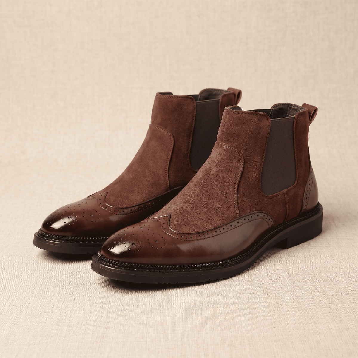 Cyrus Wingtip Brogue Chelsea Boots – Leather And Suede Slip-On With Pointed Toe, Stitched Welt Sole
