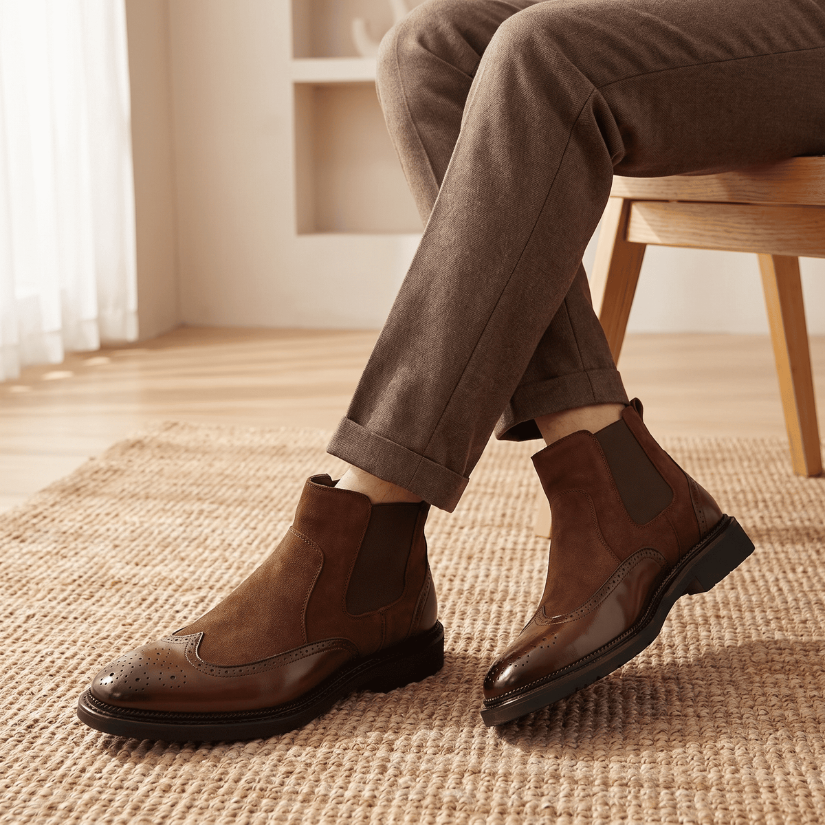 Cyrus Wingtip Brogue Chelsea Boots – Leather And Suede Slip-On With Pointed Toe, Stitched Welt Sole