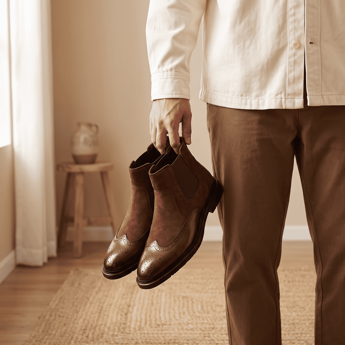 Cyrus Wingtip Brogue Chelsea Boots – Leather And Suede Slip-On With Pointed Toe, Stitched Welt Sole