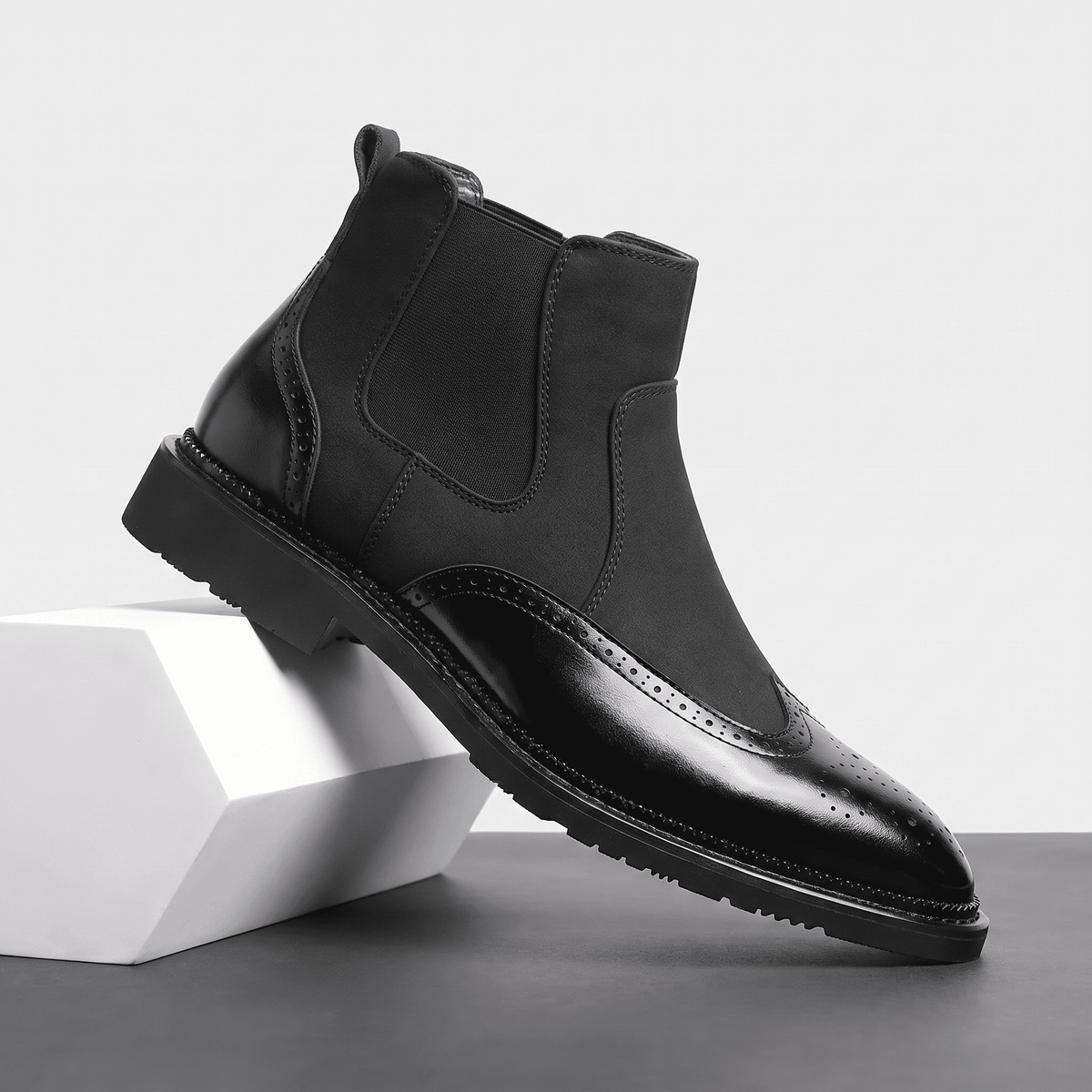 Cyrus Wingtip Brogue Chelsea Boots – Leather And Suede Slip-On With Pointed Toe, Stitched Welt Sole