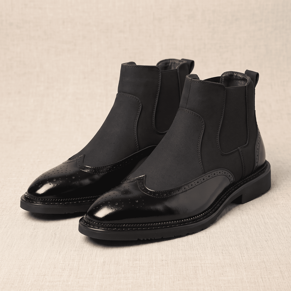 Cyrus Wingtip Brogue Chelsea Boots – Leather And Suede Slip-On With Pointed Toe, Stitched Welt Sole
