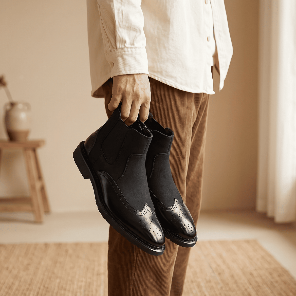 Cyrus Wingtip Brogue Chelsea Boots – Leather And Suede Slip-On With Pointed Toe, Stitched Welt Sole