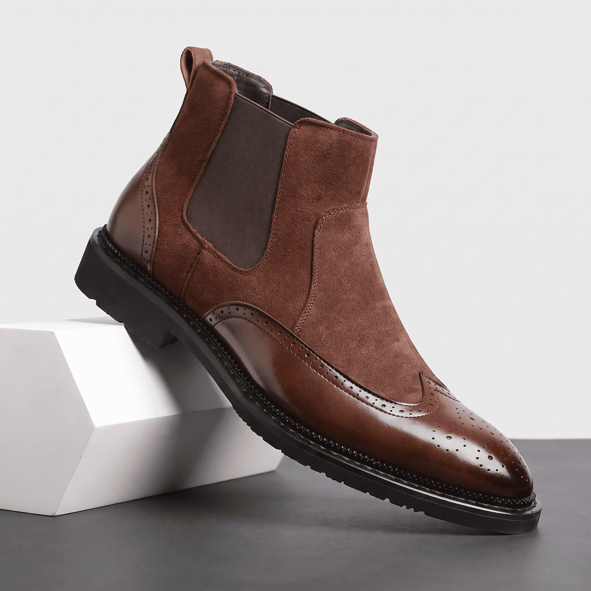 Cyrus Wingtip Brogue Chelsea Boots – Leather And Suede Slip-On With Pointed Toe, Stitched Welt Sole