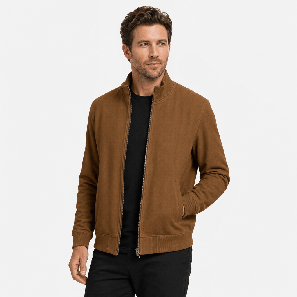 Cyrus Zip-Up Bomber Jacket – Knit-Collar Ribbed Trim Regular Fit Side-Pocket Casual Outerwear