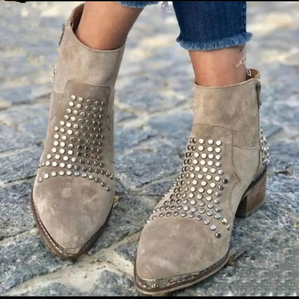 Women's Studded Ankle Boots | Pointed Toe Block Heel