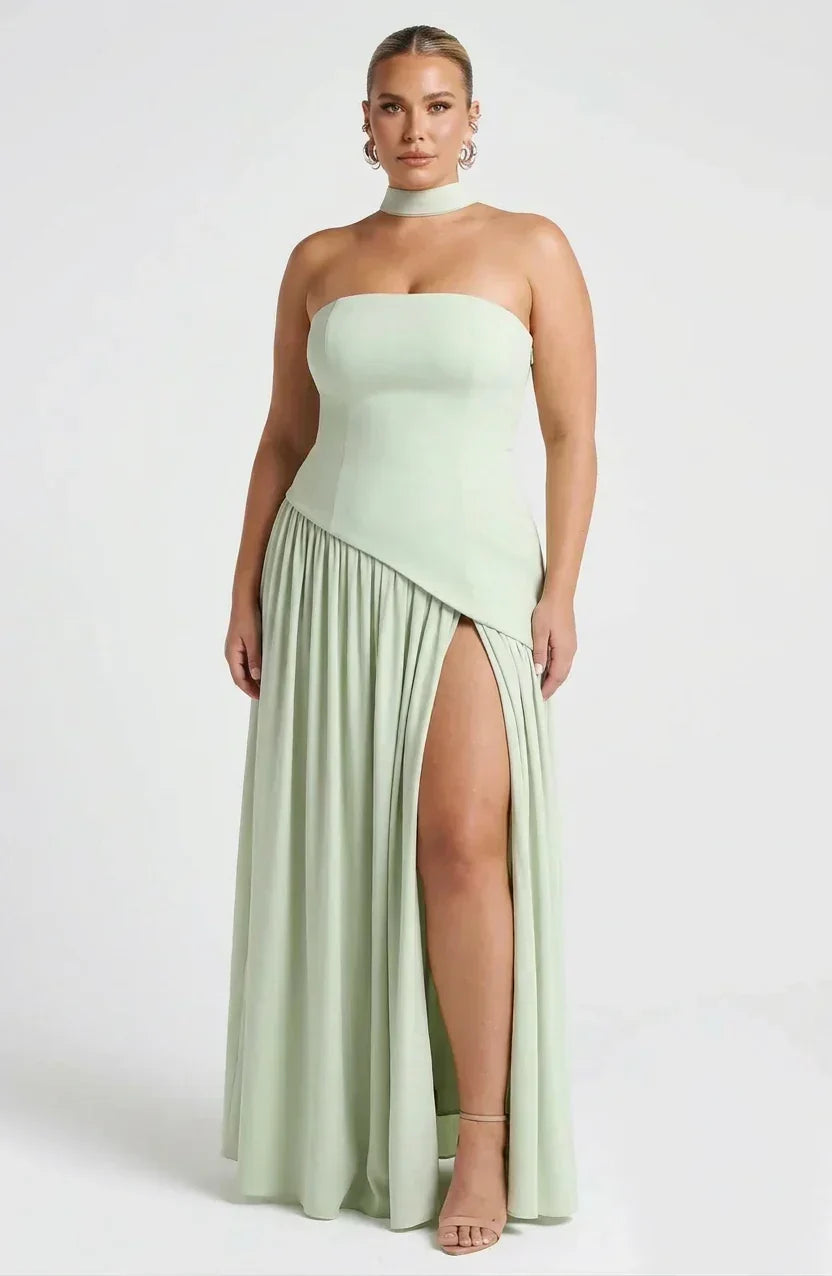 Women’s Strapless Corset Maxi Dress with High Split