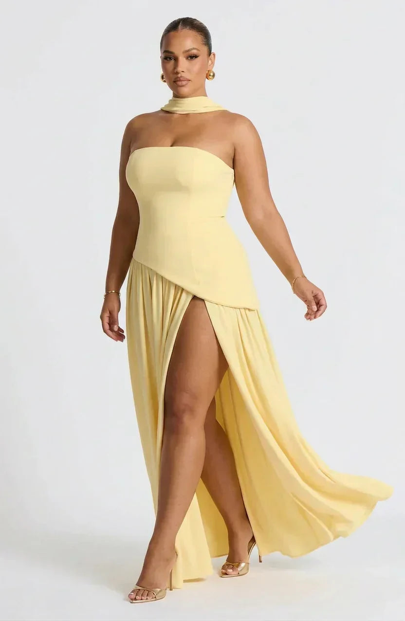 Women’s Strapless Corset Maxi Dress with High Split