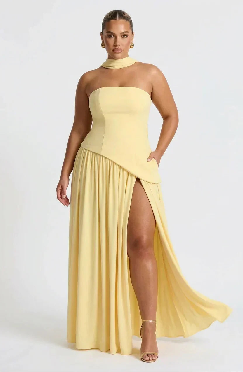 Women’s Strapless Corset Maxi Dress with High Split