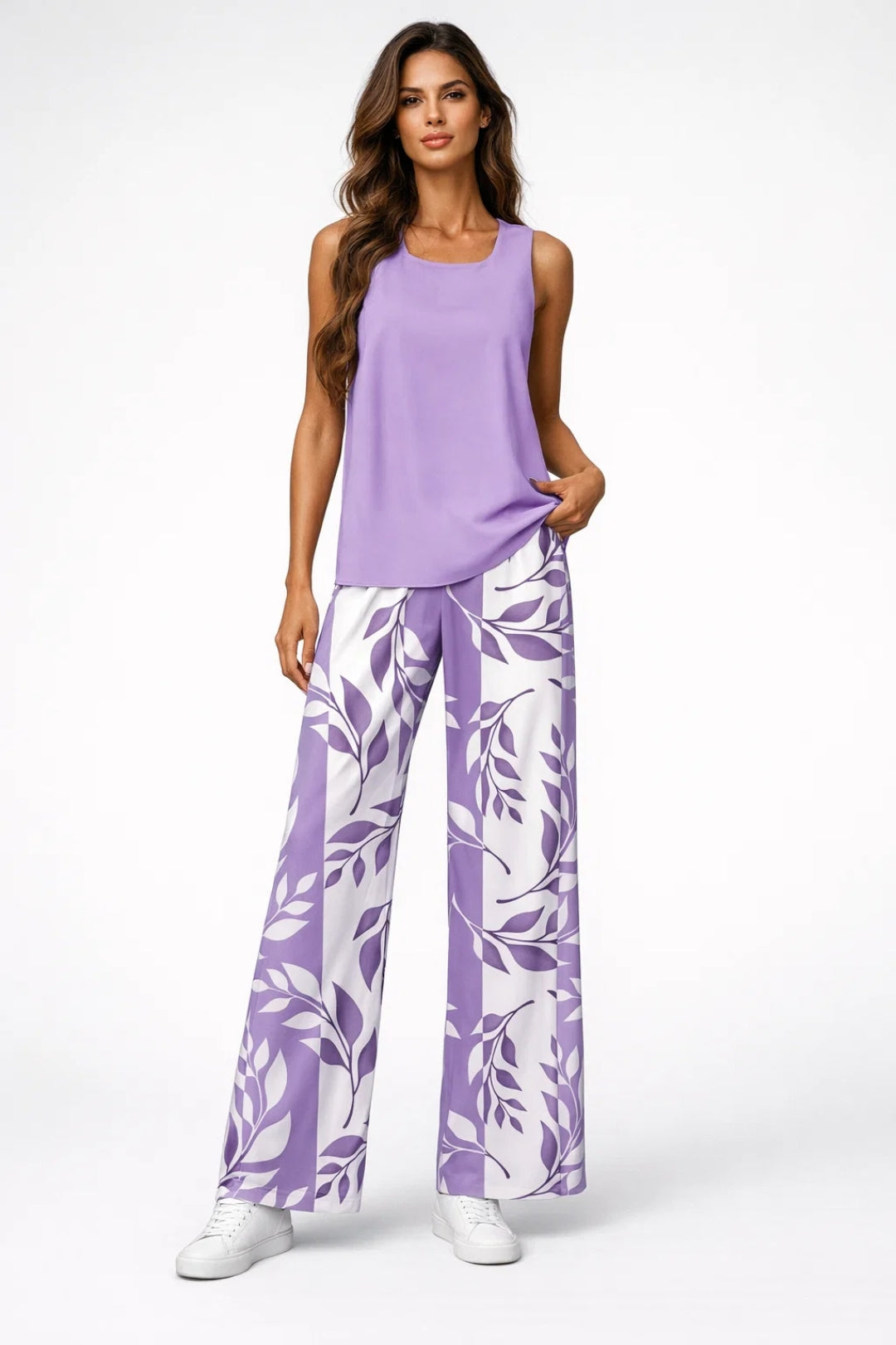Women's Sleeveless Square Neck Top and Printed Wide Leg Trousers Set – Relaxed Summer Co-Ord for Holidays and Casual Wear