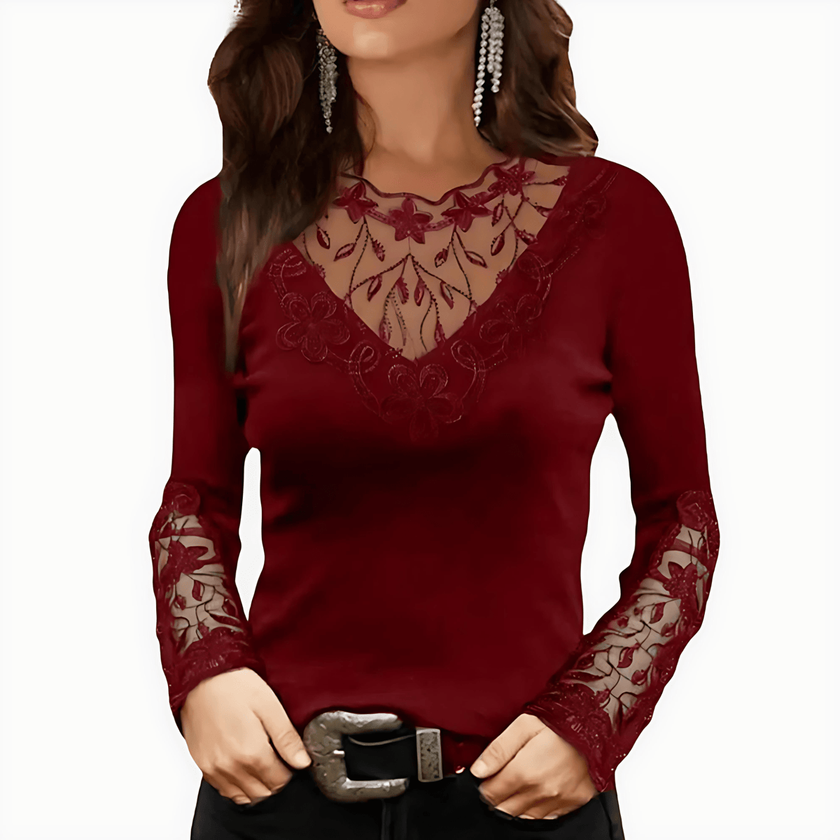 Women's Elegant V Neck Blouse with Sheer Embroidered Lace Panels – Fitted Long Sleeve Top for Evening and Smart Casual Wear