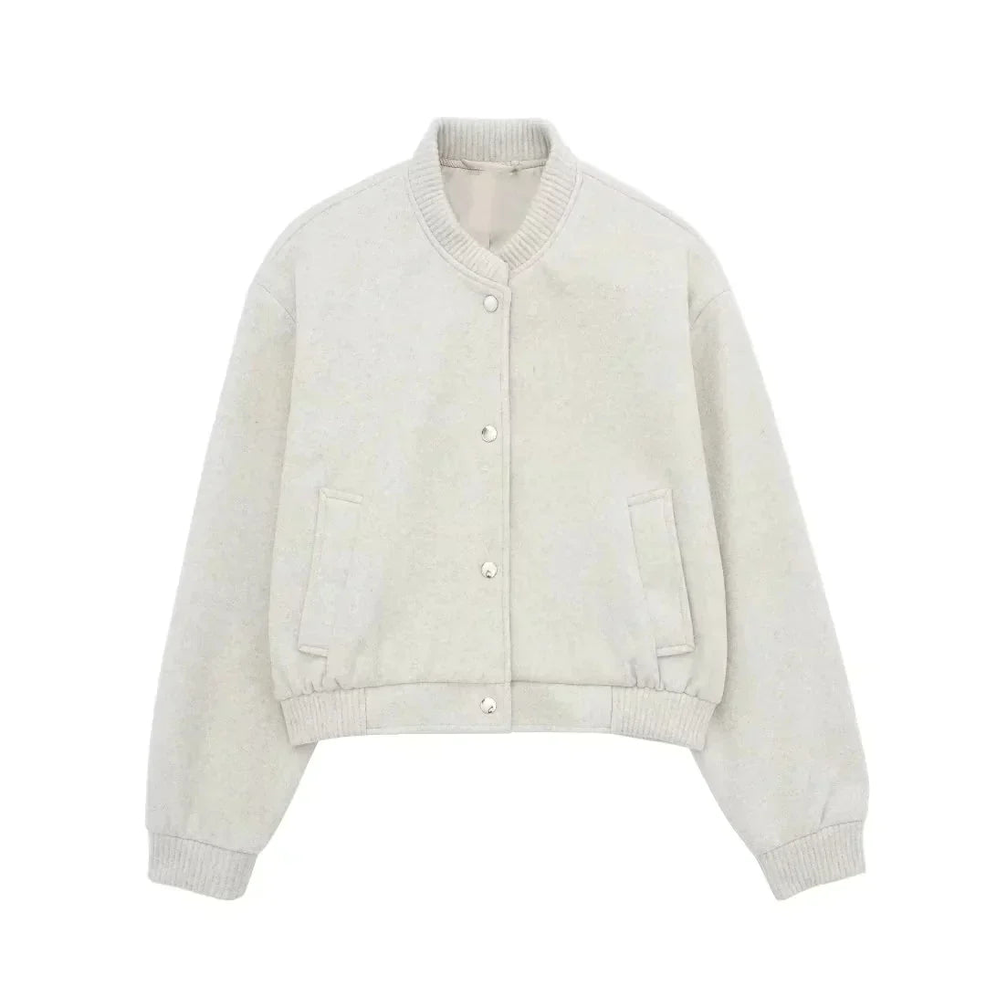 Women's Cropped Bomber Jacket with Ribbed Collar and Snap Button Front – Relaxed Fit Casual Outerwear with Long Sleeves and Side Pockets for Spring and Autumn Streetwear