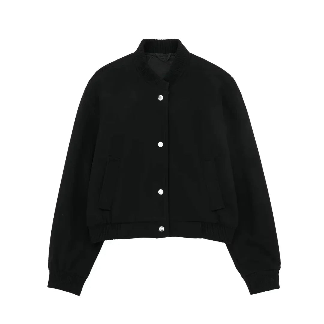 Women's Cropped Bomber Jacket with Ribbed Collar and Snap Button Front – Relaxed Fit Casual Outerwear with Long Sleeves and Side Pockets for Spring and Autumn Streetwear