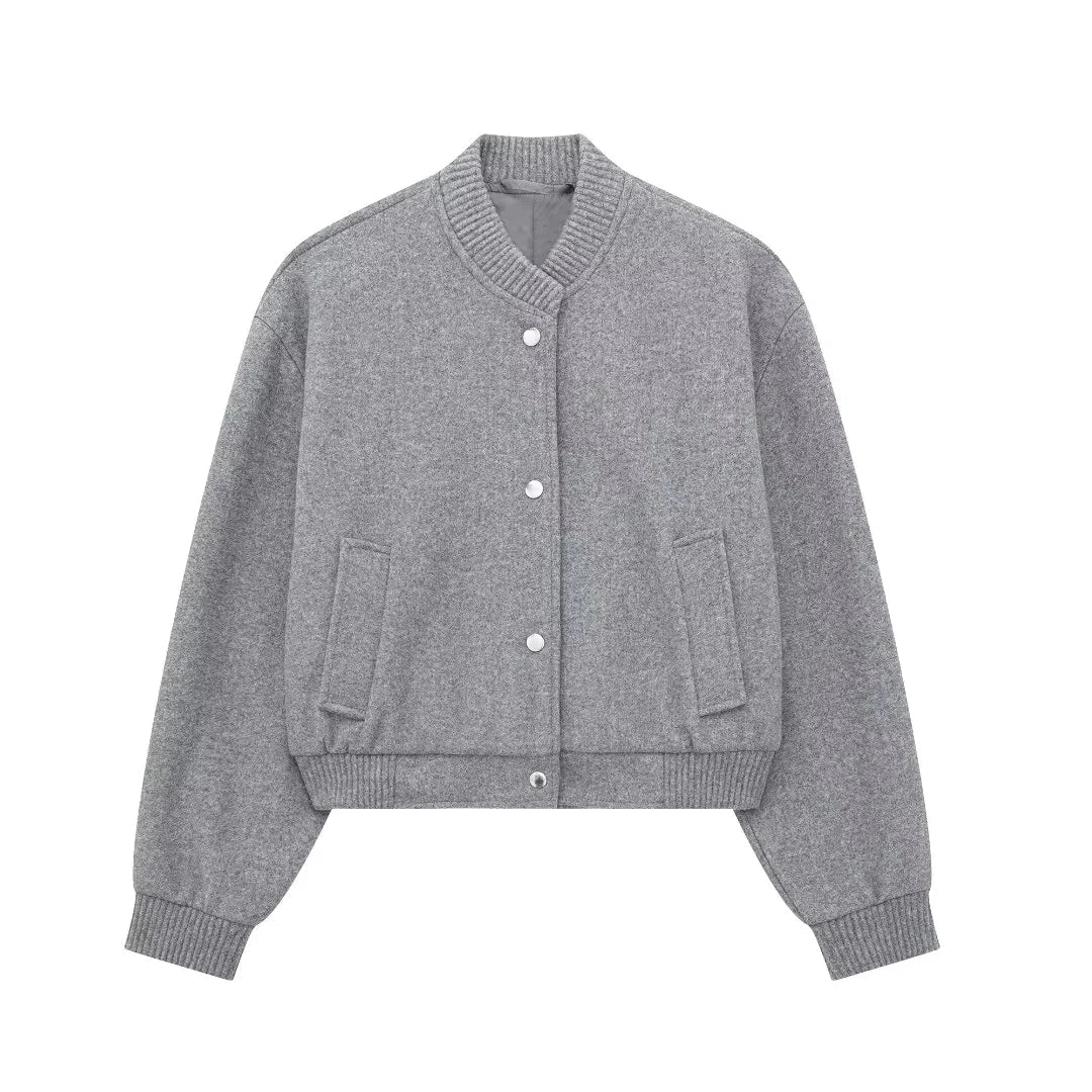 Women's Cropped Bomber Jacket with Ribbed Collar and Snap Button Front – Relaxed Fit Casual Outerwear with Long Sleeves and Side Pockets for Spring and Autumn Streetwear