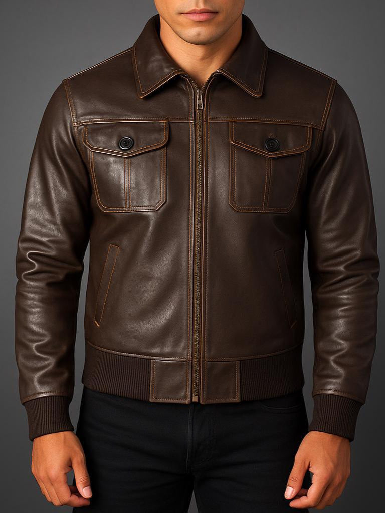 Denzel - Men's Leather Bomber Jacket with Flap Pockets