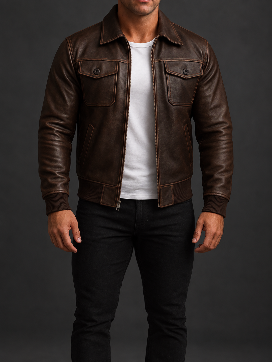 Denzel - Men's Leather Bomber Jacket with Flap Pockets