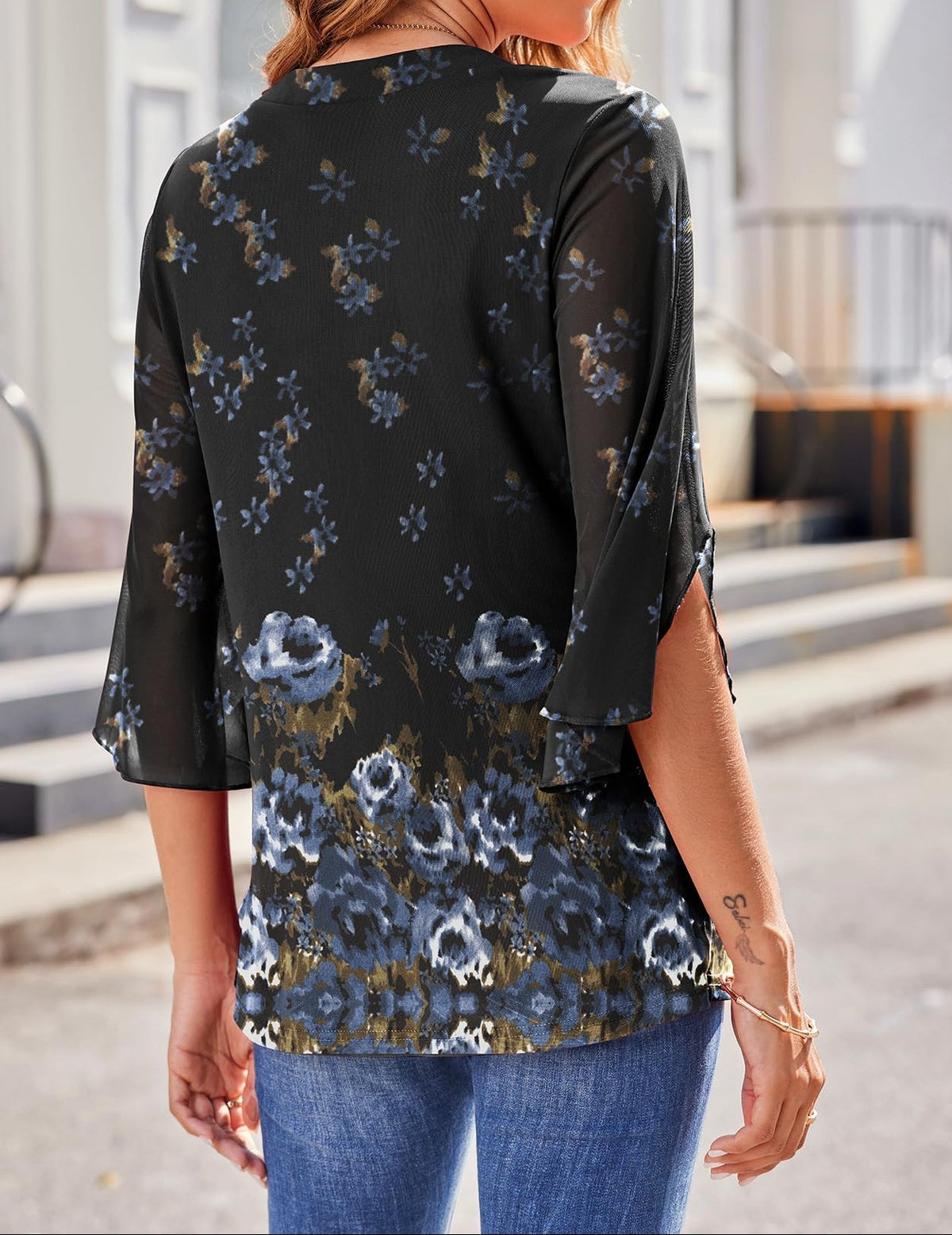Women's Elegant Printed Mesh V Neck Blouse with Flared Three Quarter Sleeves – Lightweight Layered Top for Office and Smart Casual Wear