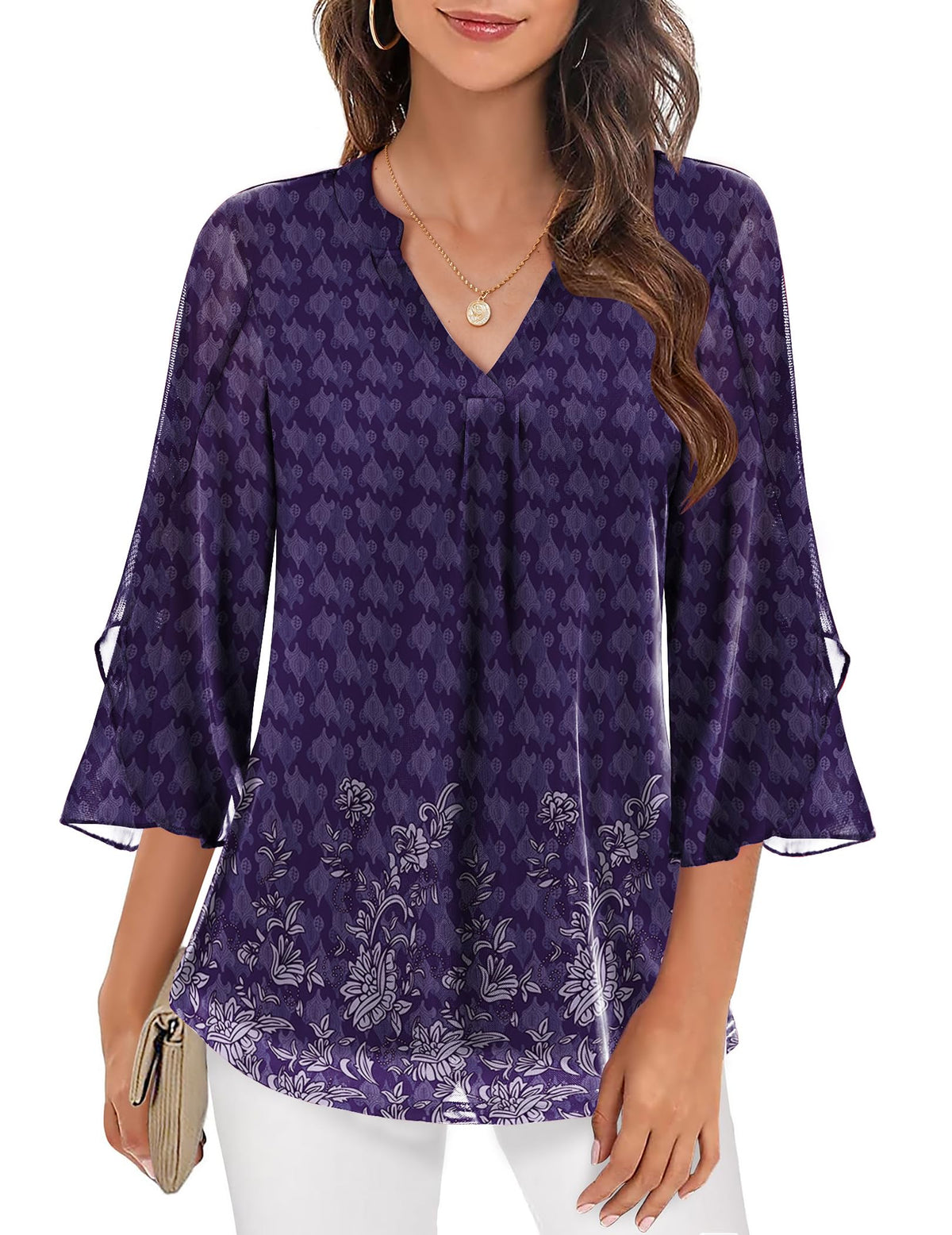 Women's Elegant Printed Mesh V Neck Blouse with Flared Three Quarter Sleeves – Lightweight Layered Top for Office and Smart Casual Wear