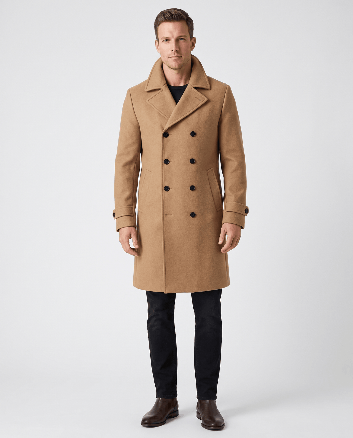 Double-Breasted Trench Coat for Men – Longline, Notched Lapel & Structured Shoulders | Everett