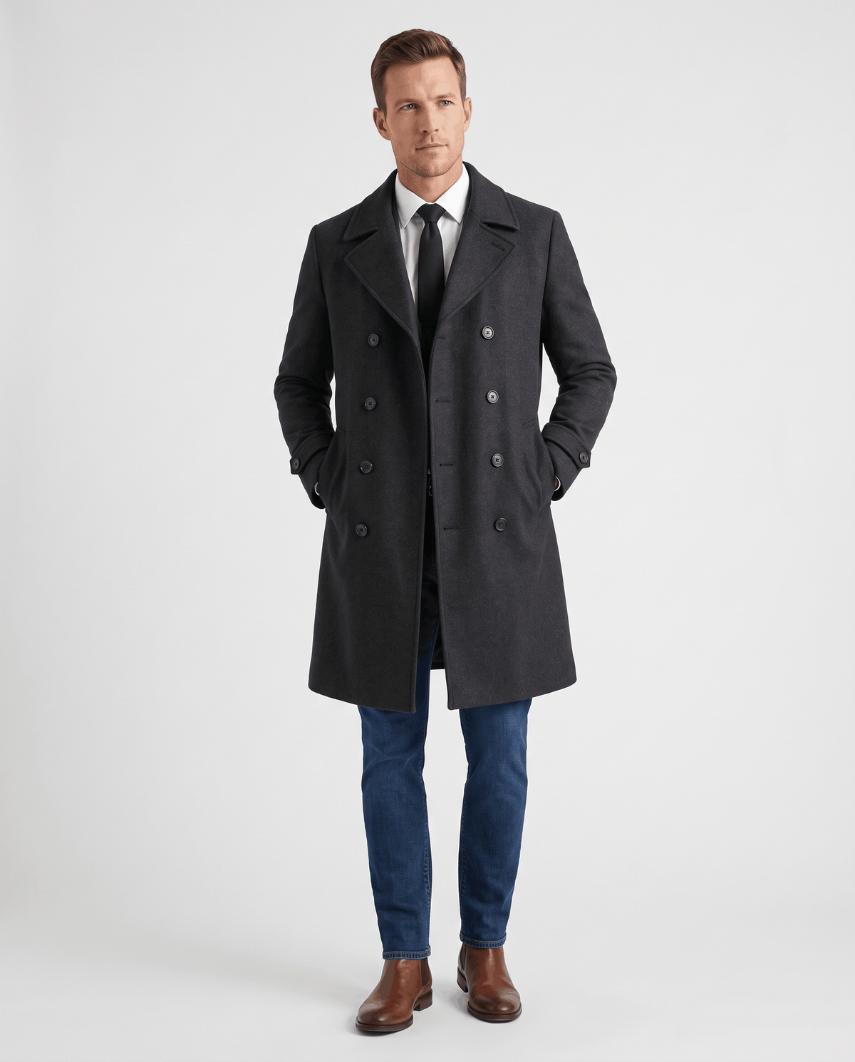 Double-Breasted Trench Coat for Men – Longline, Notched Lapel & Structured Shoulders | Everett