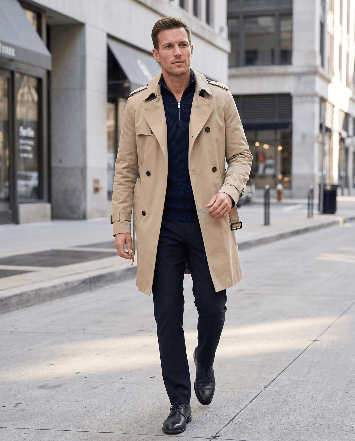 Double-Breasted Trench Coat for Men – Mid-Length, Notched Lapel & Adjustable Cuffs | Arden